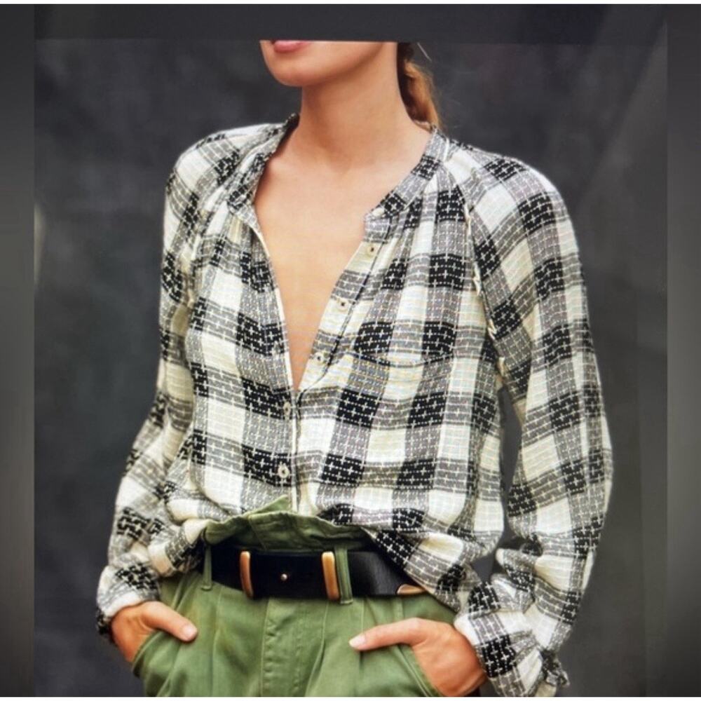 Anthropologie Black and White Plaid Button-Up Blouse